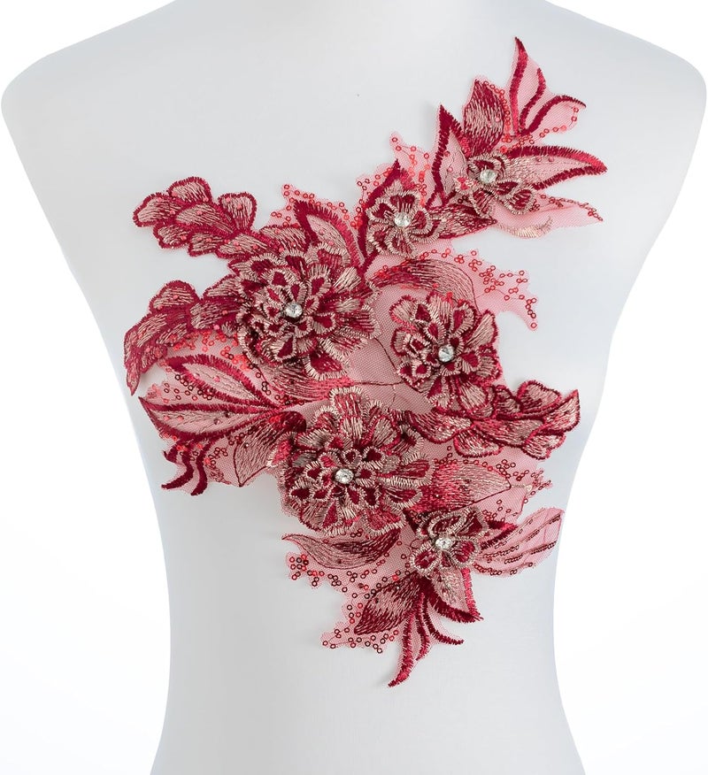 Silvora 3D Embroidered Flower Fabric Beaded Rhinestones Pearl Lace Applique, DIY Patches Accessory for Wedding Dresses，Neckline Bodice Pants(Red) - Image 1